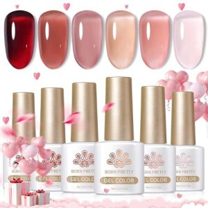 Born Pretty Jelly Gel Nail Polish Set featuring 6PCS of Burgundy Wine Red and Crystal Transparent shades, perfect for nail art and manicures, ideal for Christmas and Valentine's Day gifts.
