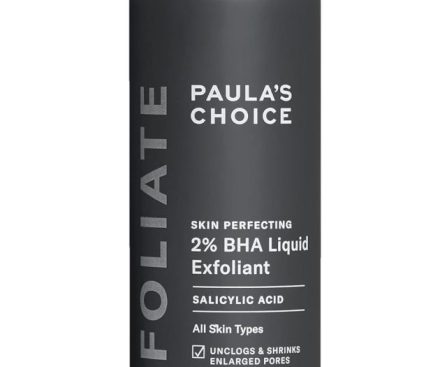 A sleek bottle of Paula's Choice SKIN PERFECTING 2% BHA Liquid Salicylic Acid Exfoliant, ideal for reducing blackheads, refining enlarged pores, and smoothing wrinkles and fine lines.