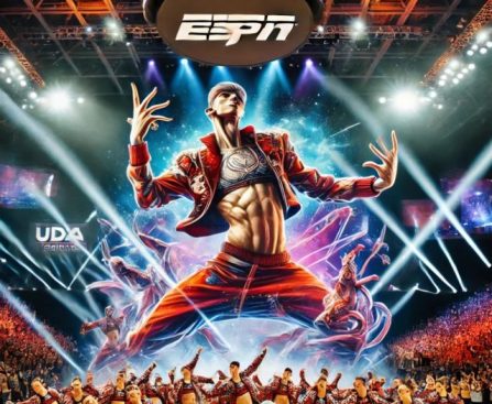 A vibrant display of excellence at the Universal Dance Association (UDA) Nationals 2025, featuring collegiate dancers performing synchronized routines in categories like jazz, pom, and hip hop. The event takes place at the ESPN Wide World of Sports Complex, with bright lights and a cheering audience enhancing the atmosphere.